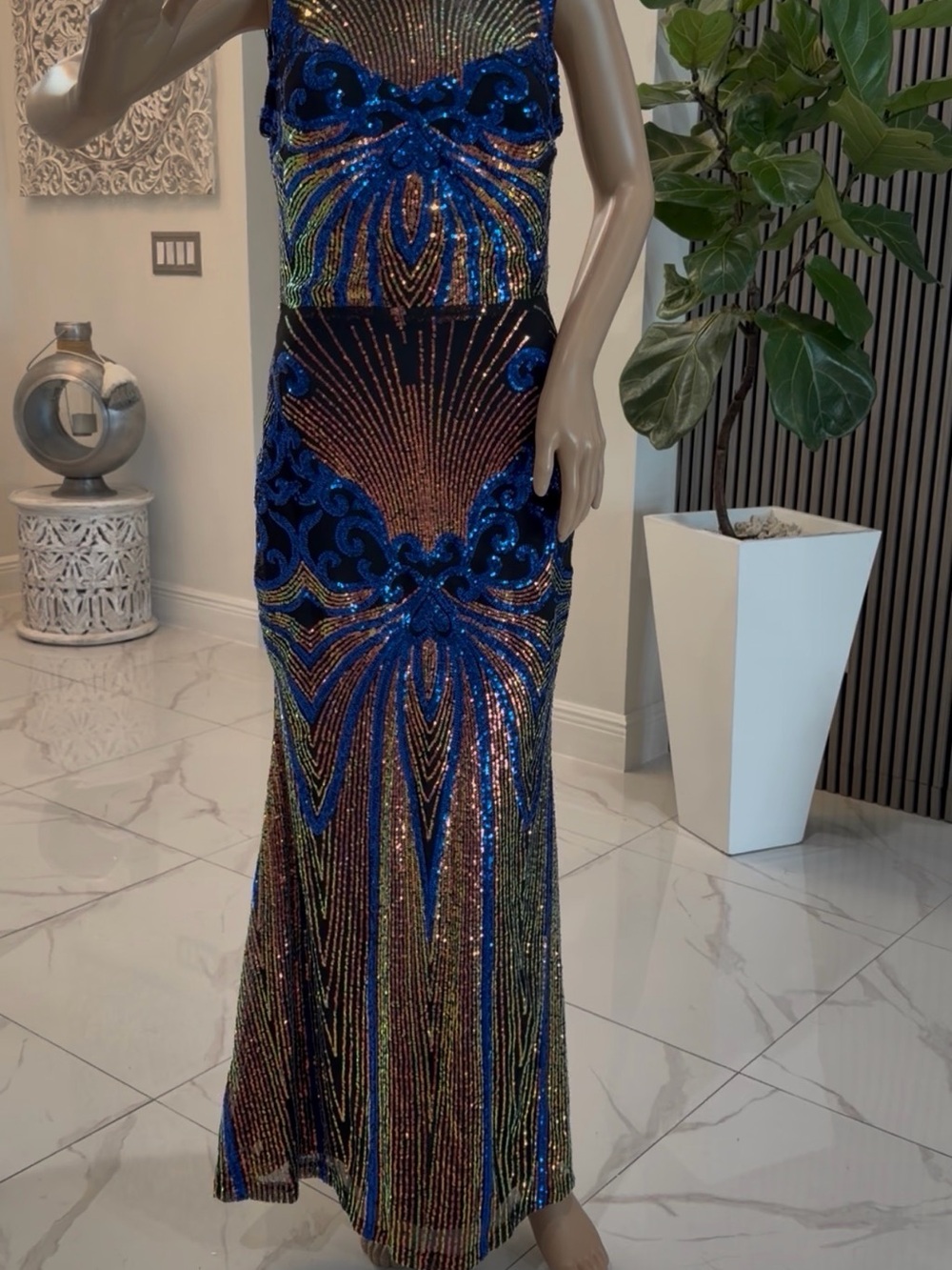 Blue Multicolor Sequin Maxi Dress with Ornate Design